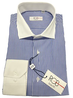 RGB Blue & White Stripe White Collar/Cuff Dress Shirt